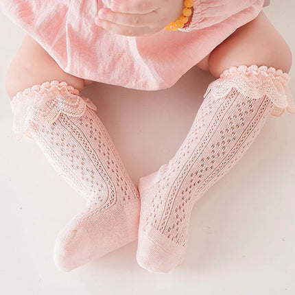 Pudcoco Toddler Girls Knee High Socks Summer Breathable Knit Lace Ruffle Princess Socks for Party, Wedding, Photography 0-3T