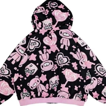 Harajuku Style Violent Bear Hoodie Sweatshirt Streetwear Loose Fit Long Sleeve Cartoon Anime Print Cutesy Boring Sweet Cool