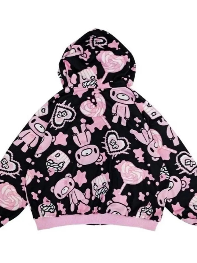 Harajuku Style Violent Bear Hoodie Sweatshirt Streetwear Loose Fit Long Sleeve Cartoon Anime Print Cutesy Boring Sweet Cool
