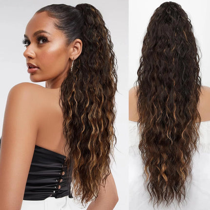 Synthetic Claw Long Wavy Ponytail Extension Black Brown 18-30" Curly Pony Tail Clip in Hair Extensions Fluffy Natural Looking