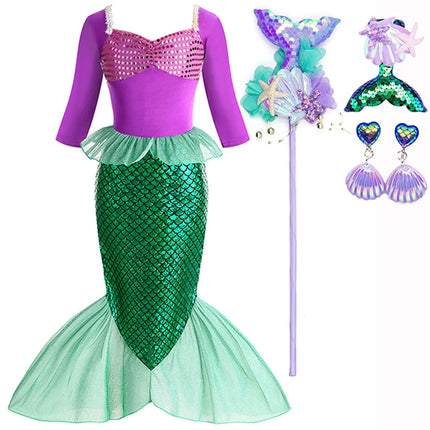 Halloween Christmas Holiday Birthday Party Mermaid Princess Same Style Girl Ariel Cosplay Long Sleeve Mermaid Dress Accessory