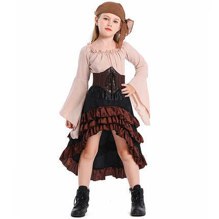 Kid Pirate Retro Cosplay Irregular Ruffled Skirt Girl High Waist Dress Children Halloween Carnival Party Performance Costume Set