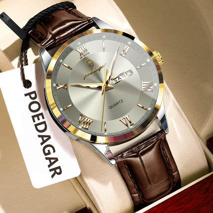 POEDAGAR Original Luxury Men's Wristwatch Leather Date Week Quartz Fashion Men Watch Waterproof Luminous Classic Watches For Men