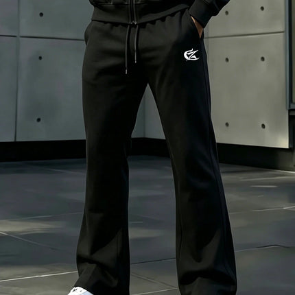 Minimal CZ Graphic Flare Sweatpants, Elastic Waist Pants For Skateboarding, Street Shooting & Night Outings