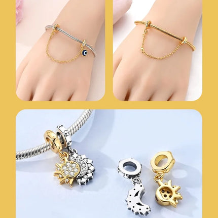 Gold Color Charms 925 Sterling Silver Original Golden Safety Chain Round Spacer Clip Charm DIY Jewelry For Women Bracelet Gift