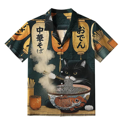Men's Cat Graphics Shirts Short Sleeved Lapel Japanese Style Shirt For Summer Oversized Tops Vacation Casual Hawaiian Shirts