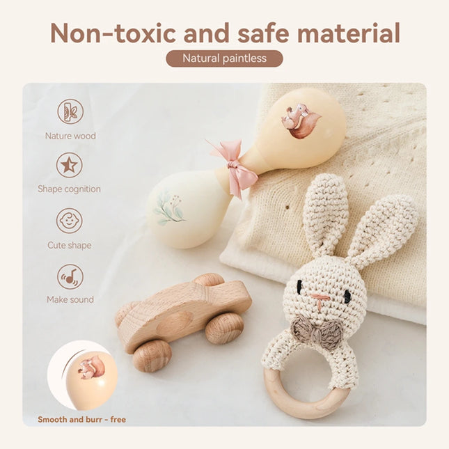 Baby Toy Set Crocheted Rabbit Rattle Toy Infant Musical Instrument Wooden Push Toy Newborn Montessori Educational Toy Baby Gift