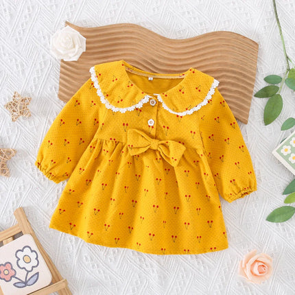 Spring and Autumn New Children's Skirt 0-3 Year Old Baby Girl Cartoon Cherry Fresh Dress Bow Decoration Collar Top