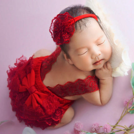 Ylsteed Newborn Photography Outfits Big Bowknot Baby Lace Romper with Hairband Blue Suspender Trousers Photo Shooting Overalls