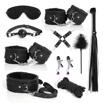 BDSM Bondage Bundle Set Leather Plush Blindfold Handcuffs Whip Nipple Clip Adult Sex Toys Women Erotic Restraint Game Kit