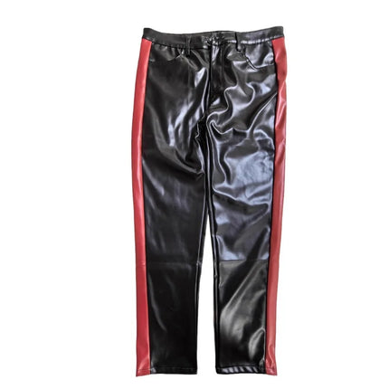 New Men's Black PU Leather Side Color-blocking Punk Style Street Casual Pants Motorcycle Leather Trousers Four Season Pants Male