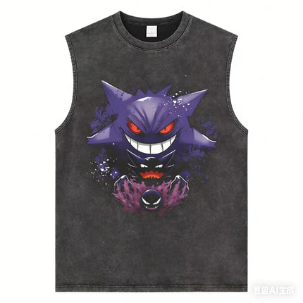 Men's Gengar Gastly Haunter Pokemon Vintage Washed Tank Top, Casual Cotton Sleeveless Anime Tee