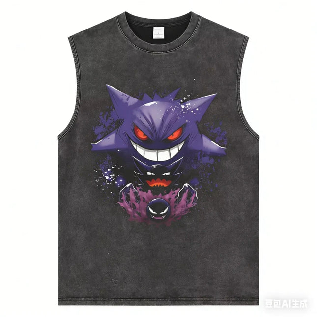 Men's Gengar Gastly Haunter Pokemon Vintage Washed Tank Top, Casual Cotton Sleeveless Anime Tee