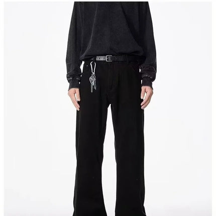 American basic washed black micro flared jeans men's stretch straight leg solid color slim fit straight leg versatile pants