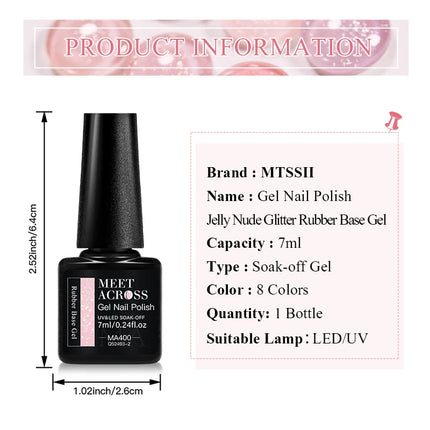MEET ACROSS 7ml Jelly Nude Shimmer Rubber Base Gel Glitter Pink Purple UV/LED Nail Art Vernis Gel Polish for Manicure Nails DIY
