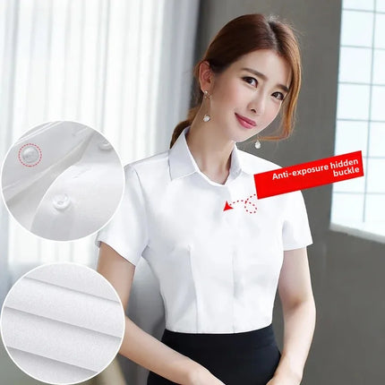 White Women's Shirt Short Sleeve Spring Summer New Work Uniform Formal Long Sleeve Black Blue Professional Clothing Female Blouse