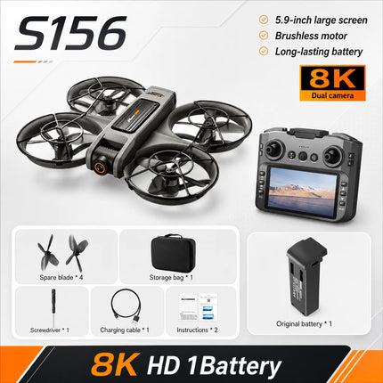 ZNLYRION S156 RC Drone 8K Dual Camera Quadcopter with 5.9-inch Screen Remote Brushless Motor Optical Flow Hovering 360° Protection WiFi FPV Remote Control Aircraft with Storage Bag 1 Battery