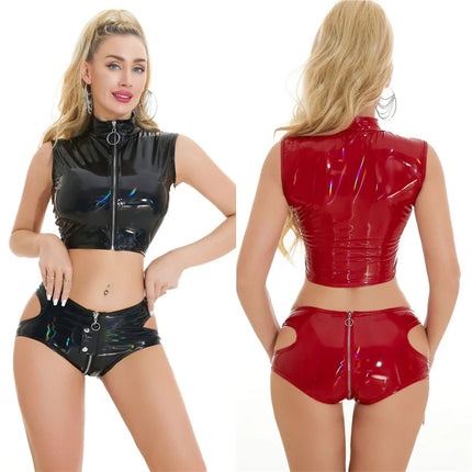 Sexy Wetlook Faux Leather Catsuit Latex Two-Piece Set Hollow out Bust Open Crotch Clubwear Fetish Hot Erotic Pole Dance Lingerie