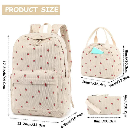 3/set Corduroy Backpacks Strawberry Multi-function Schoolbag Casual Travel Large Capacity Daily Lightweight Students School Bag
