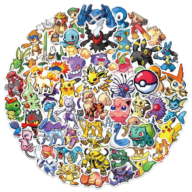 50PCS Cute Pokemon Pikachu Pixel Stickers Cartoon Anime Sealing Decoration DIY Laptop Decals Graffiti Stiker Reward Gift Toy