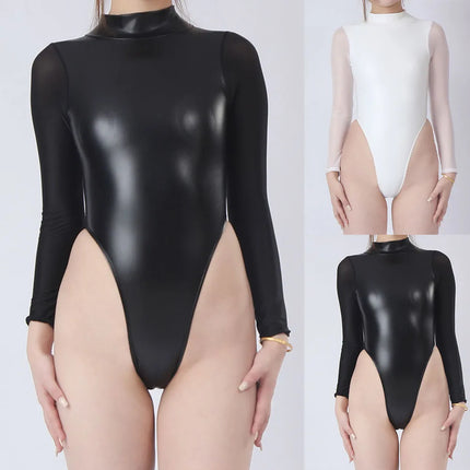 Women See Through Long Sleeve Bodysuits Underwear High Fork Faux Pu Body Shaper Mesh Erotic Bodysuit Jumpsuits