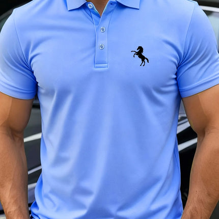 Men's POLO Short Sleeved T-shirt with Casual Style, Standing Up Horse Emblem Pattern Printed Short Sleeved Golf T-shirt