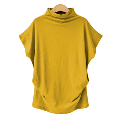 Women's New Trendy Fashion Solid Color Soft Turtleneck Top High-End Basic Daily Commute Thin Short-Sleeve Pleated Clothing