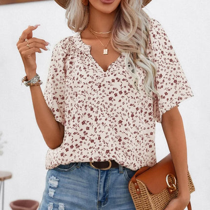 Plus Size Women's Shirts, All-Over Printed Short-Sleeved Stand Collar Shirts, Women's Office Casual Tops