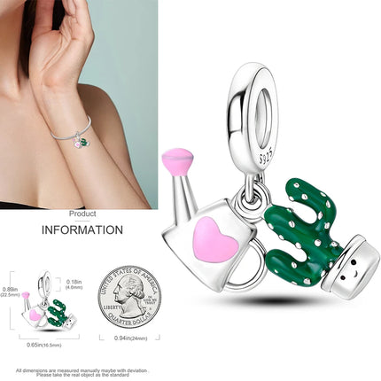 New 925 Sterling Silver Cactus Four Leaf Clover Charm Spring Green Series Bead Pendant For Original Beads Bracelet DIY Jewelry