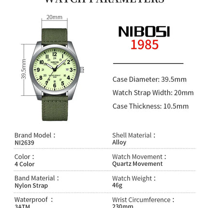 NIBOSI Fashion Luminous Watch Men Nylon Strap Auto Date Quartz Wristwatches Men Sports Military Watch for Men Reloj Hombre 2024