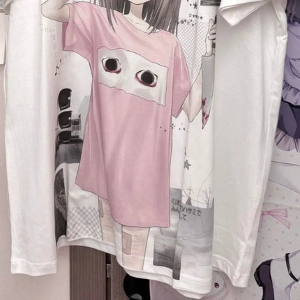 Kimutomo Women T Shirts Sweet Cartoon Printed Short Sleeve Loose Vintage Y2k Aesthetic Harajuku Tops Female Fashion Casual