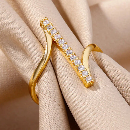 Zircon Geometric Rings For Women Gold Color Stainless Steel Opening Ring Luxury Wedding Party Aesthetic Jewelry Gift Femme 2024