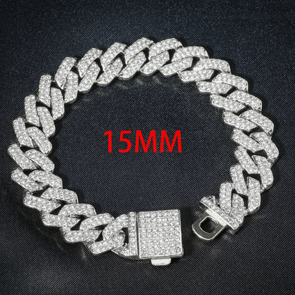 HipHop Men Women 13MM Prong Cuban Link Chain Bracelet Bling Iced Out 2 Row Rhinestone Paved Miami Rhombus Cuban Chain Jewelry