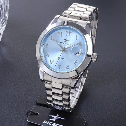 A quartz wristwatch with a stainless steel strap and personalized dial, equipped with a date display function. The simple and atmo
