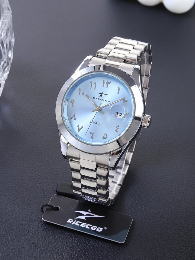 A quartz wristwatch with a stainless steel strap and personalized dial, equipped with date display function. The simple and atmo