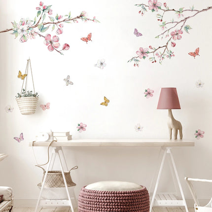 Pink Flowers Blooming Tree Branch Butterfly  Floral Watercolor Wall Stickers for Nursery Bedroom Living Room Wall Decals Murals