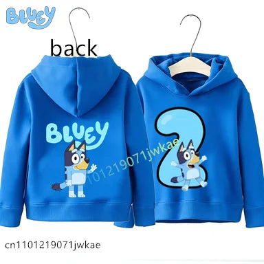 Boys Girls Casual Tops Birthday Party Wear Bluey Birthday Number Print Hoodie Kids 1-9Y Front Back Design Long Sleeve Sweatshir