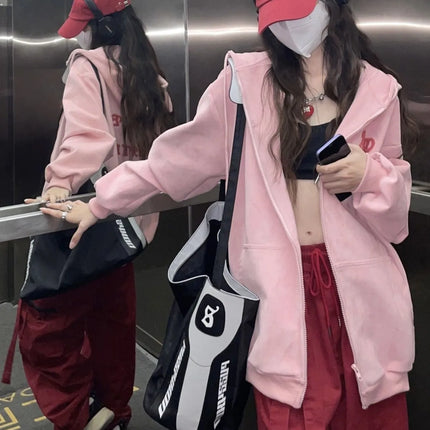 Retro Zipper Up Hoodie Y2K Clothes Pink Harajuku Hip Hop Oversized Little Devil Hoodie Sweatshirt Women Casual Zip Jacket Tops