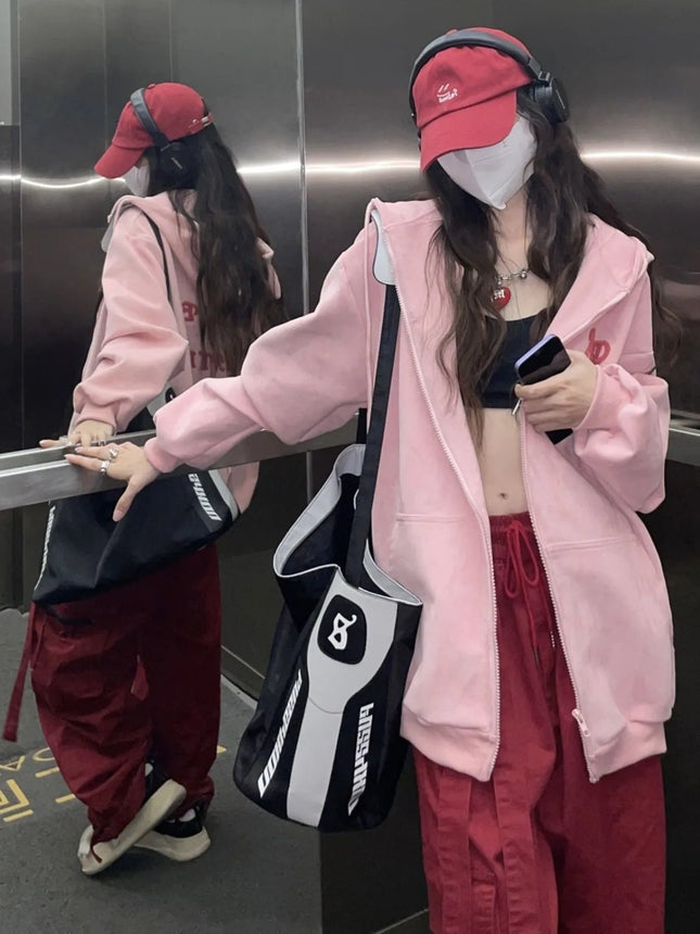 Retro Zipper Up Hoodie Y2K Clothes Pink Harajuku Hip Hop Oversized Little Devil Hoodie Sweatshirt Women Casual Zip Jacket Tops