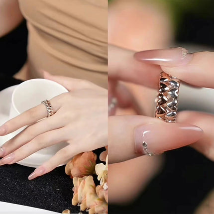 Fashionable 925 Sterling Silver Tri-Color Connected Heart, Interwoven, Sliding Heart, and Organic Double-Layer Ring - Couple Style Jewelry
