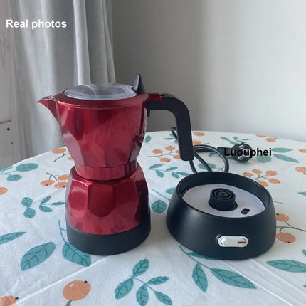 110V/220V Electric Coffee Maker Portable Aluminum Mocha Pot Electric Italian Coffee Maker Percolator for Home Red 150ml/3 Cups