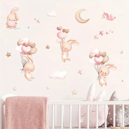Cartoon Cute Rabbit Balloon Animal Wall Stickers Removable for Kids Room Living Room Nursery Background Decoration Wall Decals
