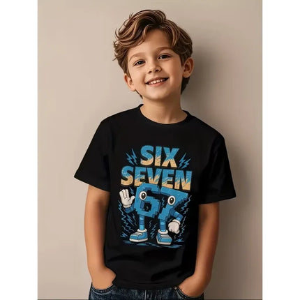 Pure Cotton Children's T-shirt 2026 Summer Number 67 Cartoon Print for Boys and Girls Casual Parent-child Wear Short Sleeved