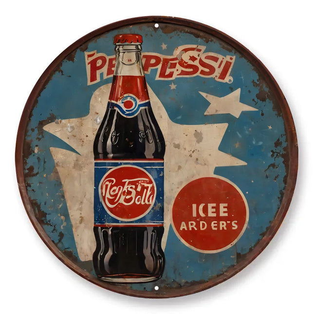 Vintage Pepsi Metal Sign - Retro Cartoon Style with Classic Bottle & Ice Cubes, Colorful Bubbles & Stars Wall Decor