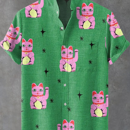 Men's summer fashion linen short sleeved shirt with cartoon cute cat print pattern casual men's top