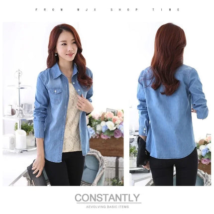 Slim Fit Cotton Denim Shirt Long Sleeve Women's Spring Autumn Summer Student Professional Outerwear Fashionable Casual Top