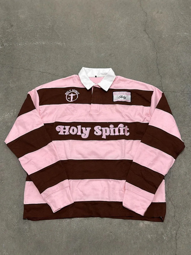 Unisex Red White Stripe Rugby Polo Long Sleeve Shirt, Holy Spirit Embroidery Patch Loose Vintage Y2K Streetwear Pullover Top