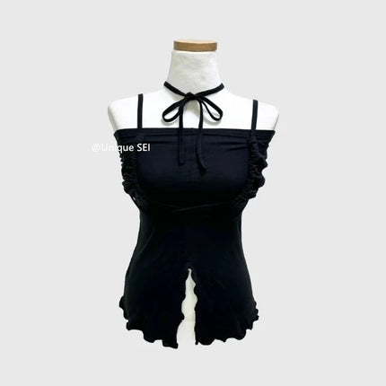 Korean Sle Unique Belted Design Slimming Versatile Split Front Strapl Top Women's Summer Faion Commute Straight Cut Vest