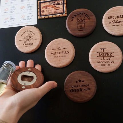 Personalised Logo Round Wooden Beer Bottle Opener with Magnetic Fridge Magnet, Wedding Gift