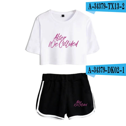 Youthful Black White After We Collided Girl Dew navel Two Piece Set Sexy Short Sleeve Crop T-shirts+Shorts Pants Tracksuit